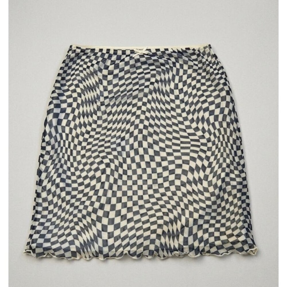 Wild Fable XS Blue & White Warped Checkerboard‎ Mesh Mini Skirt - Y2K Style